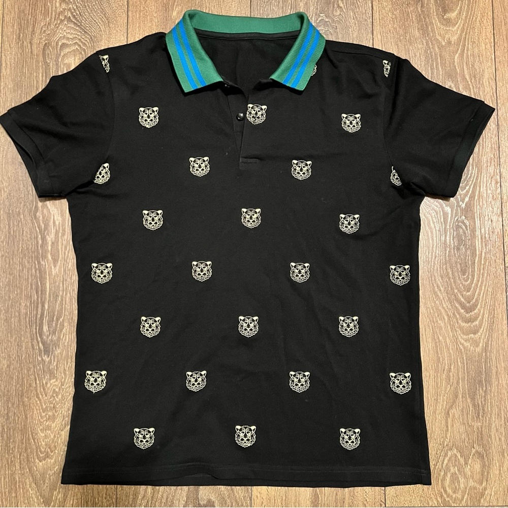 Black Polo Shirt with Embroidered Tiger Faces